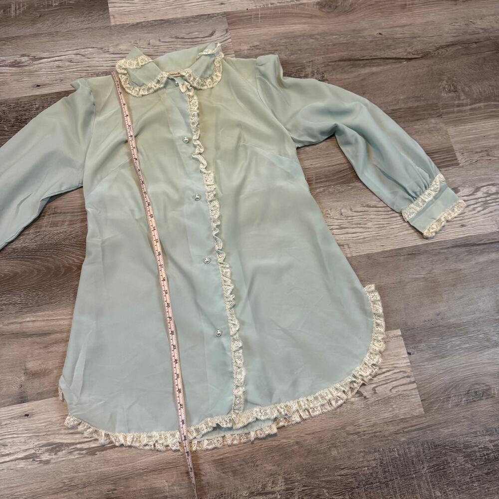 Vintage Christian Dior Mint Chiffon Lace Blouse Coquette Romantic Small - Picture 10 of 10